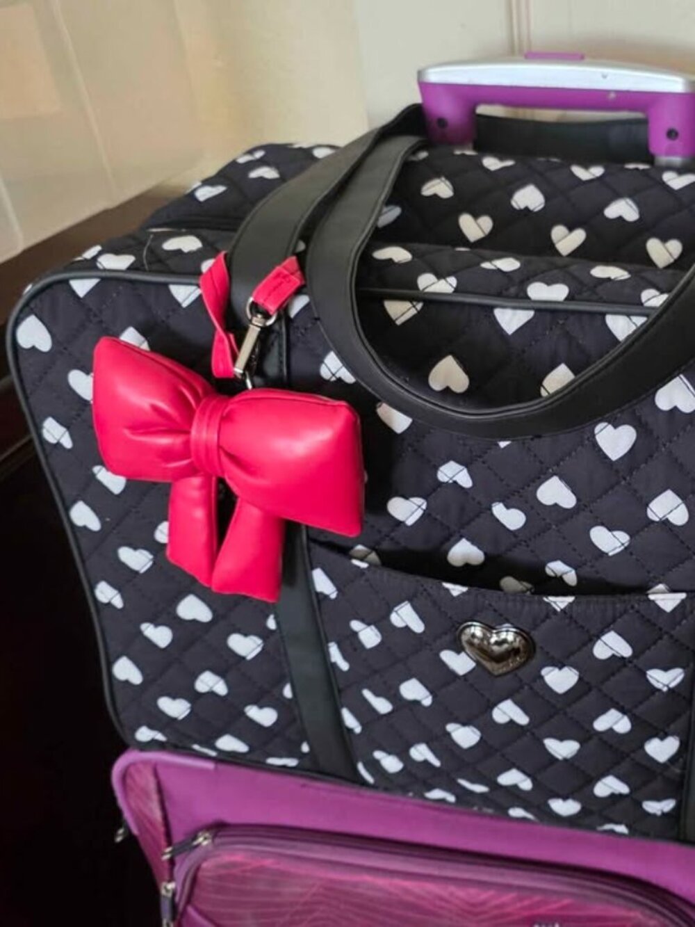 BETSEY JOHNSON Quilted Weekender Duffel Bag Black & White Hearts + BOW